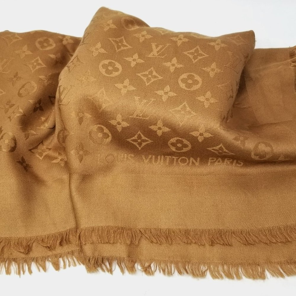 LOUIS VUITTON LV MONOGRAM SHINE SHAWL FRINGED SQUARE SCARF, GOLDEN BROWN 56"x56"
